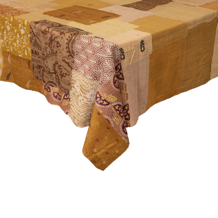 Printed Fray Vintage Cotton Kantha Table Cover  -Golden-
