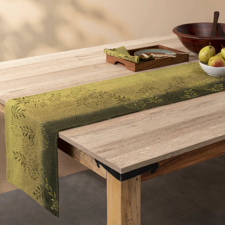 Vintage Fray Patch & Ombre Kantha Table Runner -Avocado -