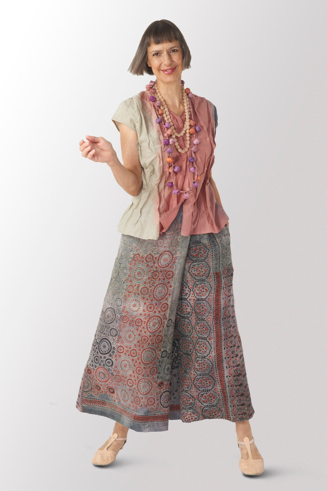 MANHATTAN AJRAKH KANTHA WRAP WIDE PANTS - mh2649-gry -