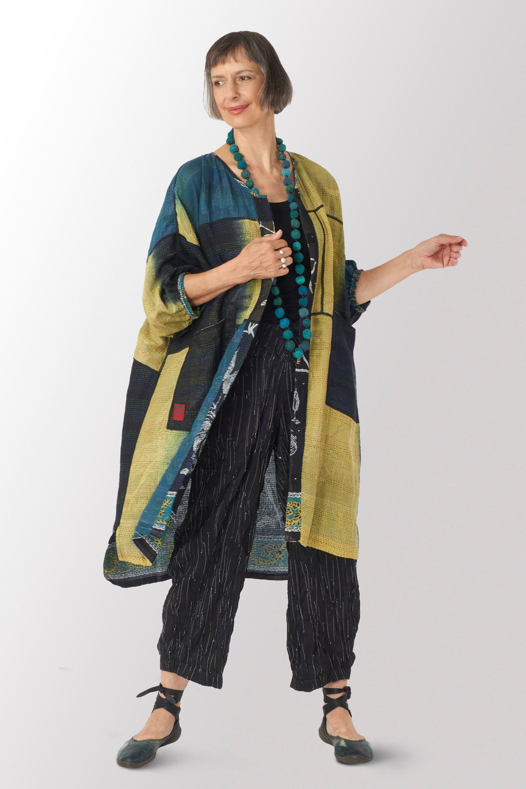 ORGANIC LEAVES KANTHA BLOCK DRESS - ol2449-blk -