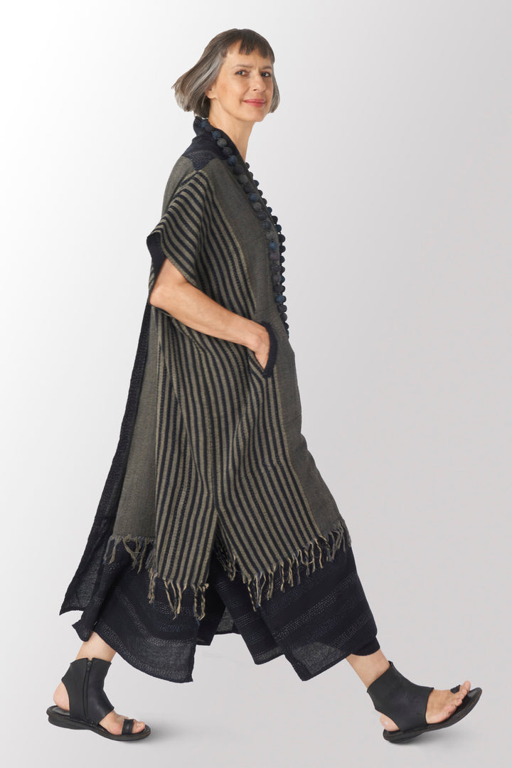 WOVEN HANDLOOM COTTON KANTHA PONCHO DRESS - wc2443-blk -