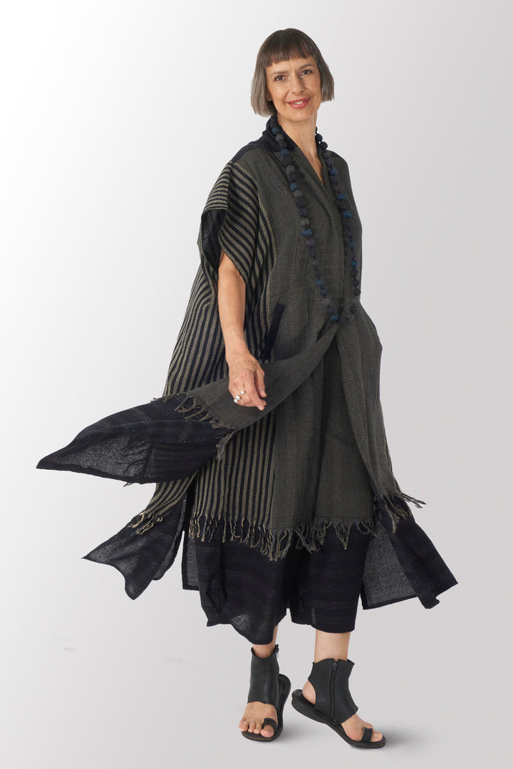 WOVEN HANDLOOM COTTON KANTHA PONCHO DRESS - wc2443-blk -