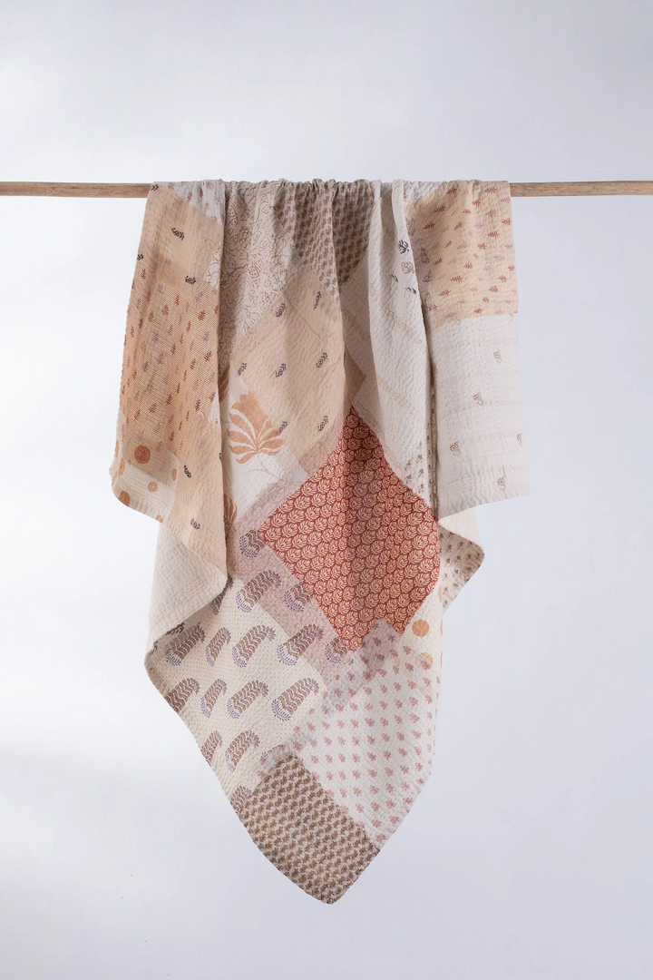 Mosaic Fray Handmade Vintage Kantha Baby Quilt -Pink-