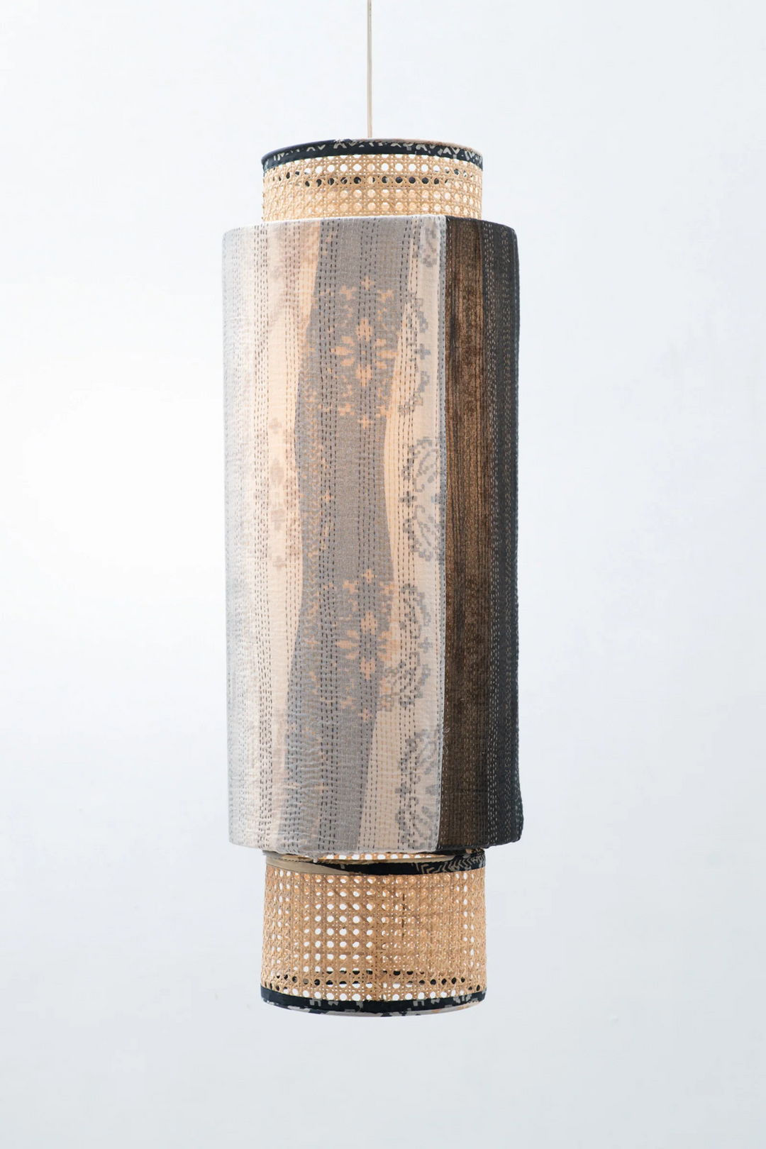 Kimono Cotton Kantha Hanging Lamp -Gray -