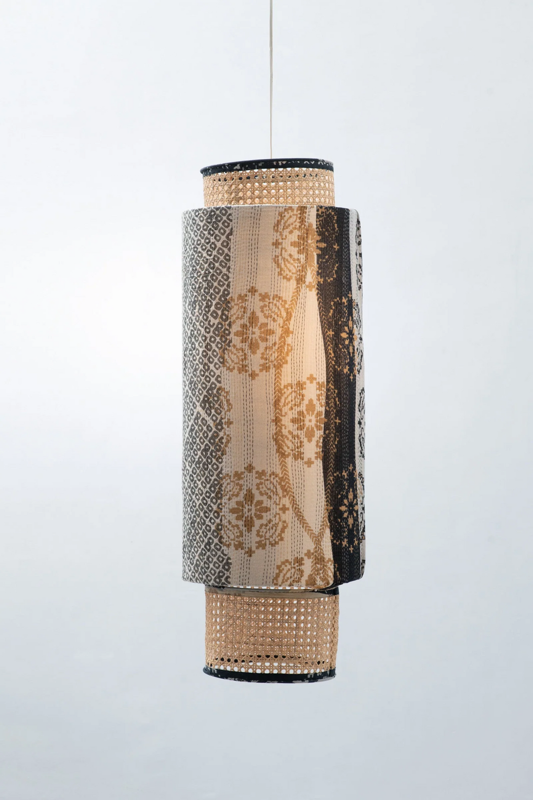 Kimono Cotton Kantha Hanging Lamp -Gray -