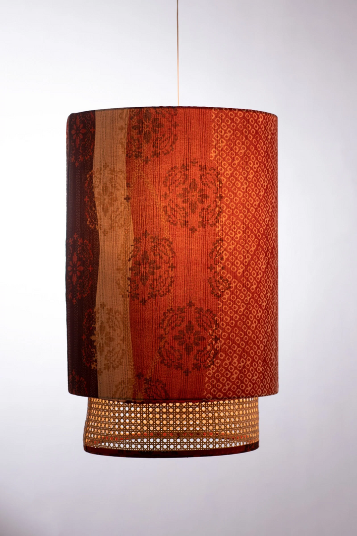 Kimono Cotton Kantha Hanging Lamp -Orange -