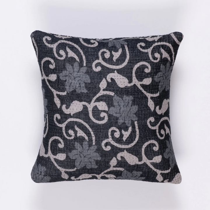 Printed Fray Vintage Cotton Kantha Pillow Sham -Black-