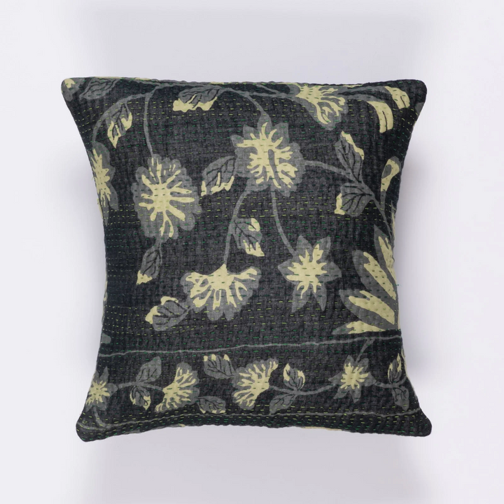 Printed Fray Vintage Cotton Kantha Pillow Sham -Black-