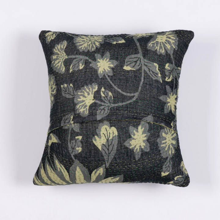 Printed Fray Vintage Cotton Kantha Pillow Sham -Black-