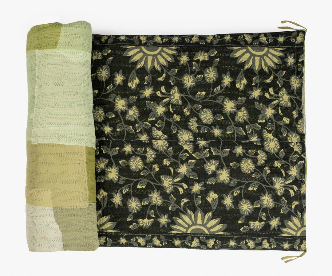 Mosaic Fray Handmade Vintage Kantha Day Bed Mattress Cover -Green -