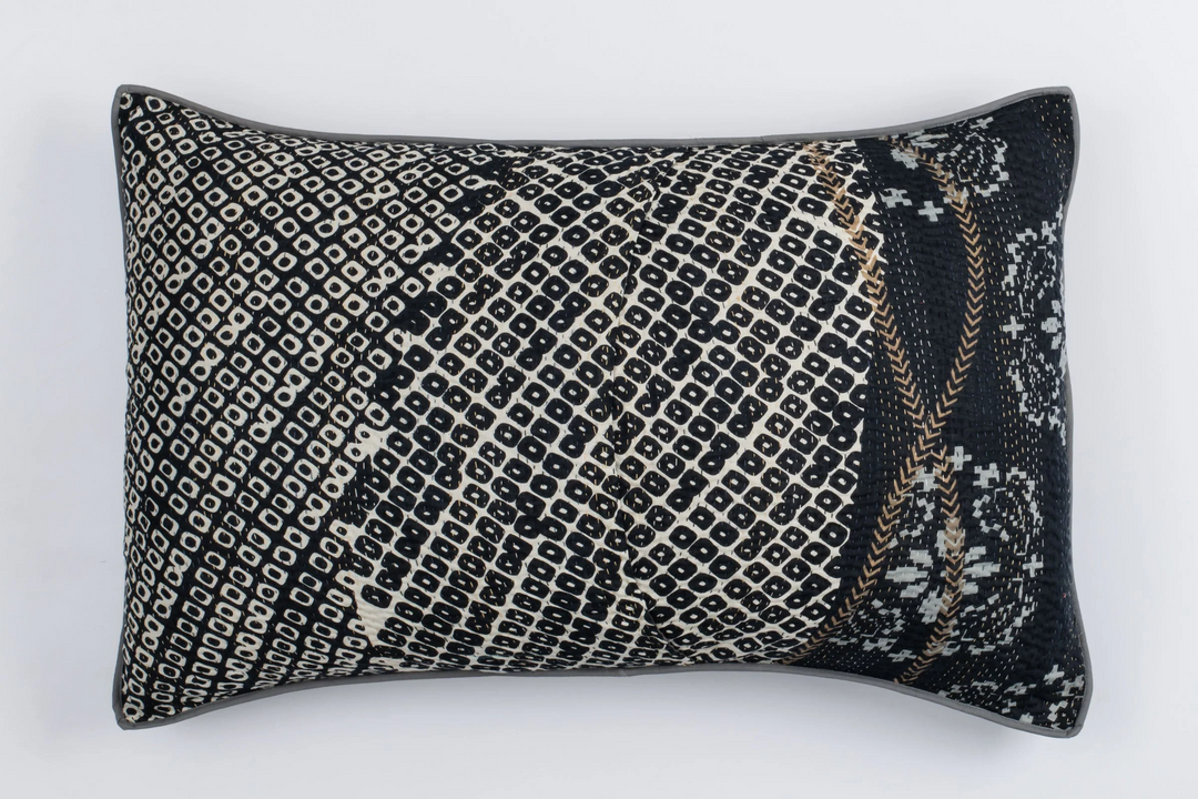 Kimono Cotton Kantha Pillow Sham -Gray -