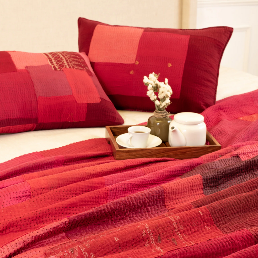 Landscape Handmade Vintage Kantha Bedcover  -Red -