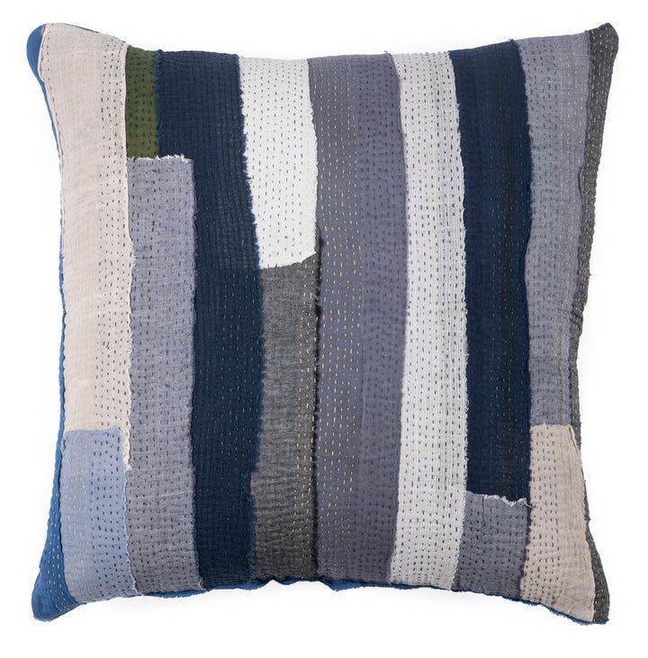 Stripe Patch Pillow Sham -Blue-