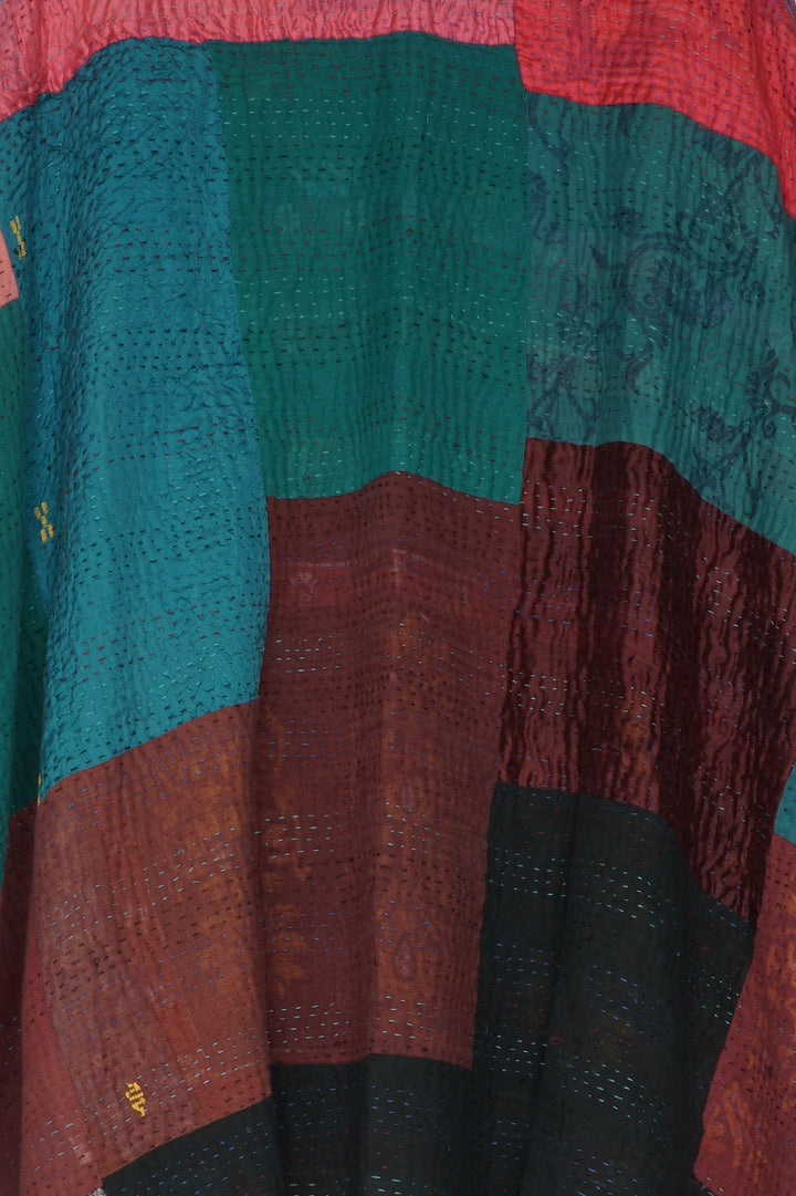 BAGH PRINT KANTHA DOUBLE COLLAR PONCHO - bg4323-brn -