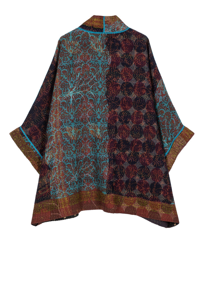 BAGH PRINT KANTHA DOUBLE COLLAR PONCHO - bg4323-brn -