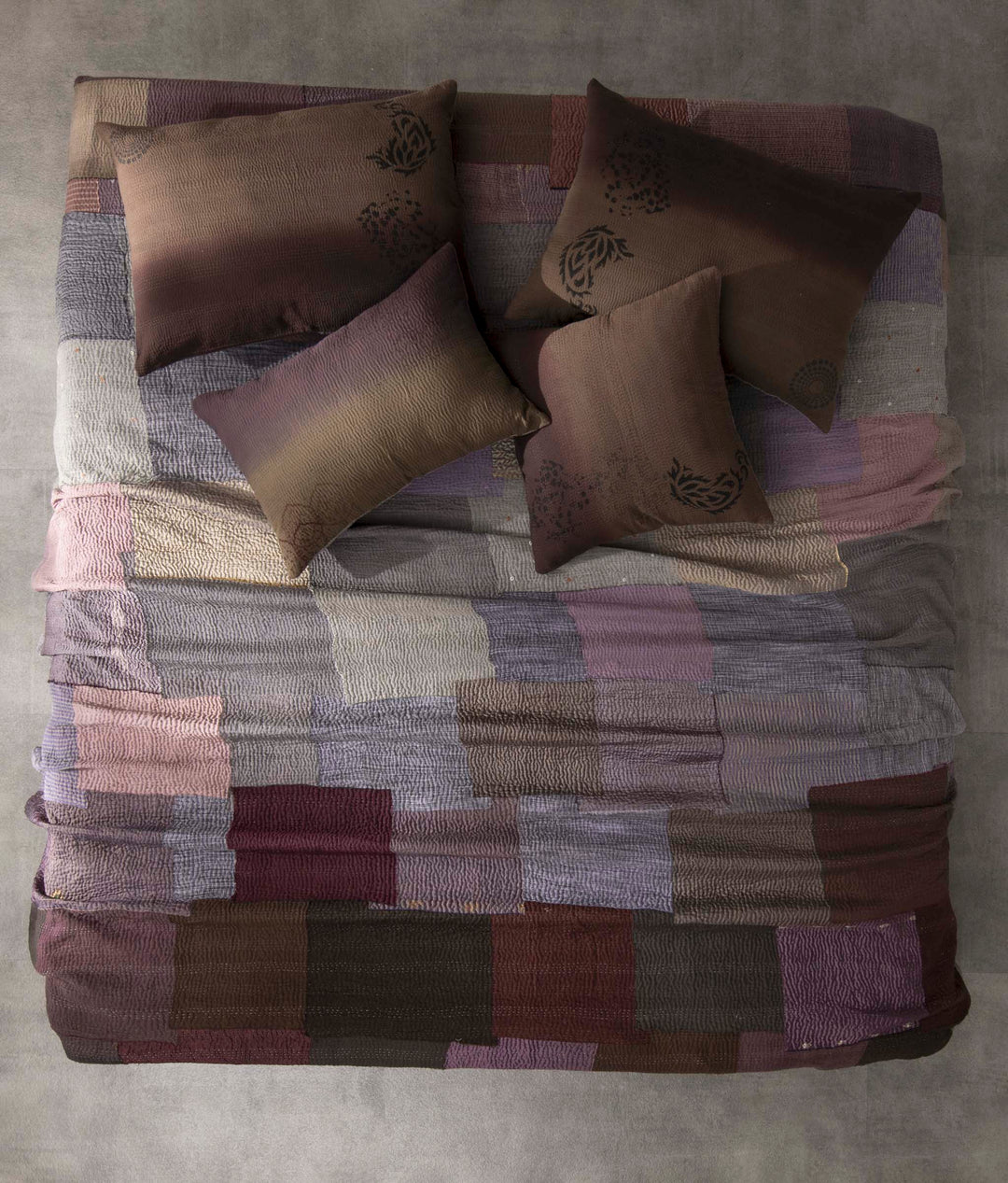Vintage Fray Patch & Ombre Kantha Bedcover  -Chocolate -