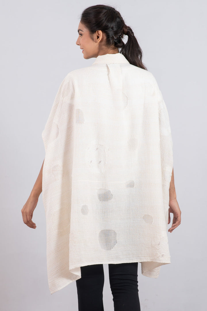 CUT THROUGH DOT AND HOLES KANTHA SHIRT PONCHO - cd2545-ivy -