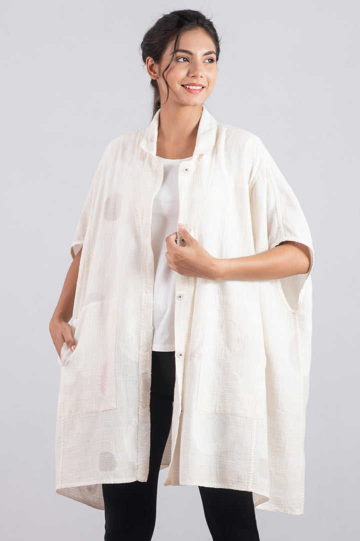 CUT THROUGH DOT AND HOLES KANTHA SHIRT PONCHO - cd2545-ivy -