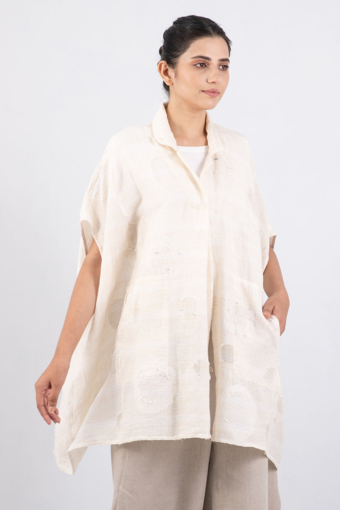 CUT THROUGH DOT AND HOLES KANTHA SHIRT PONCHO - cd2545-ivy -