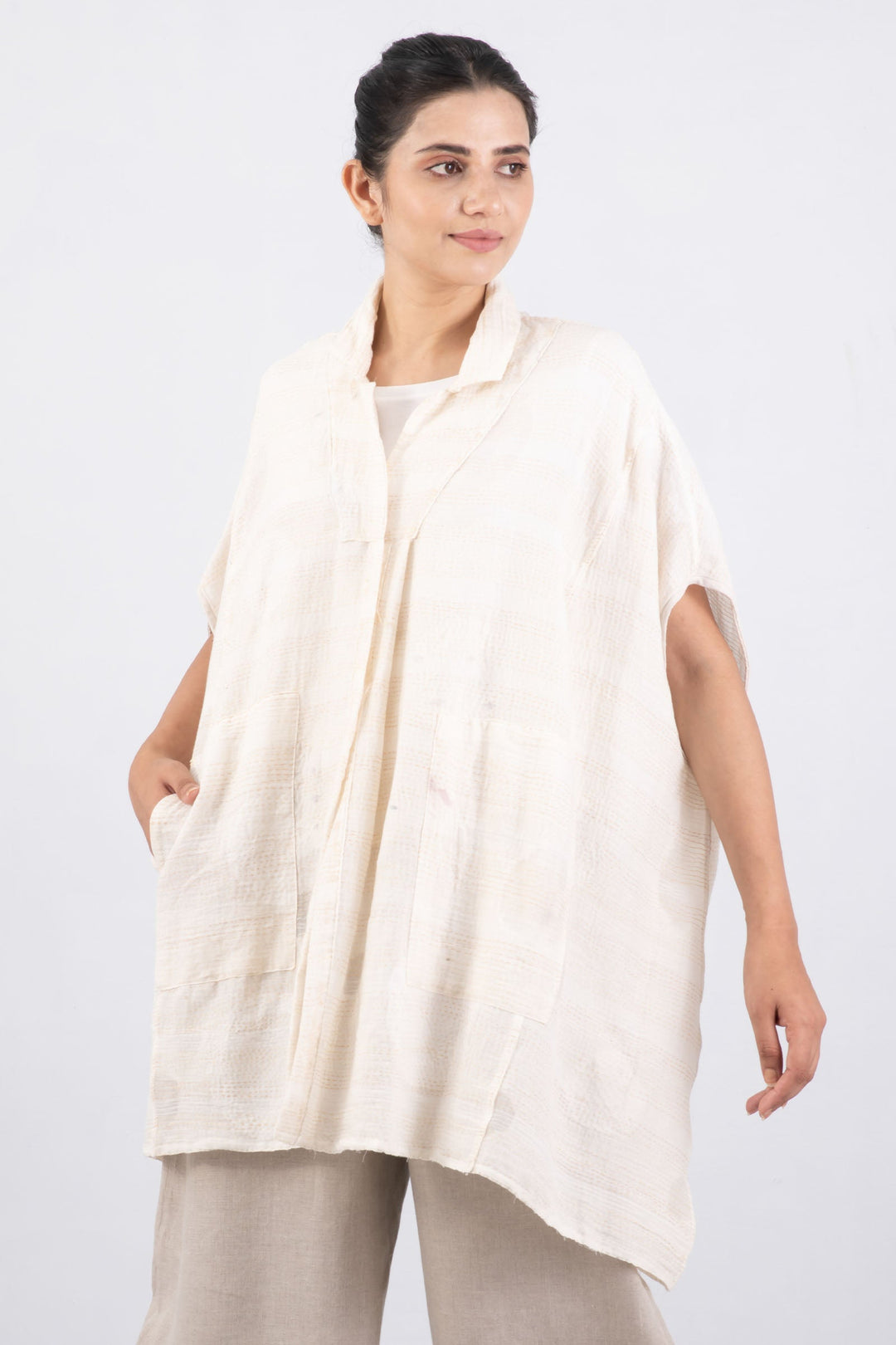 CUT THROUGH DOT AND HOLES KANTHA SHIRT PONCHO - cd2545-ivy -