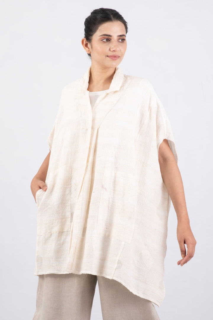 CUT THROUGH DOT AND HOLES KANTHA SHIRT PONCHO - cd2545-ivy -