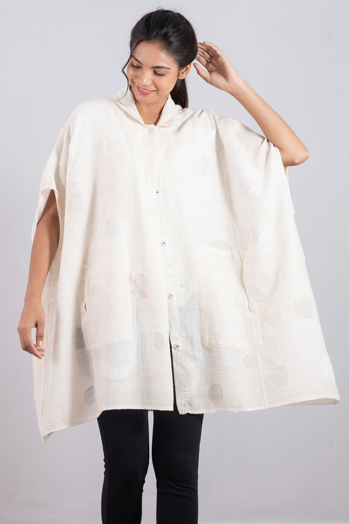 CUT THROUGH DOT AND HOLES KANTHA SHIRT PONCHO - cd2545-ivy -