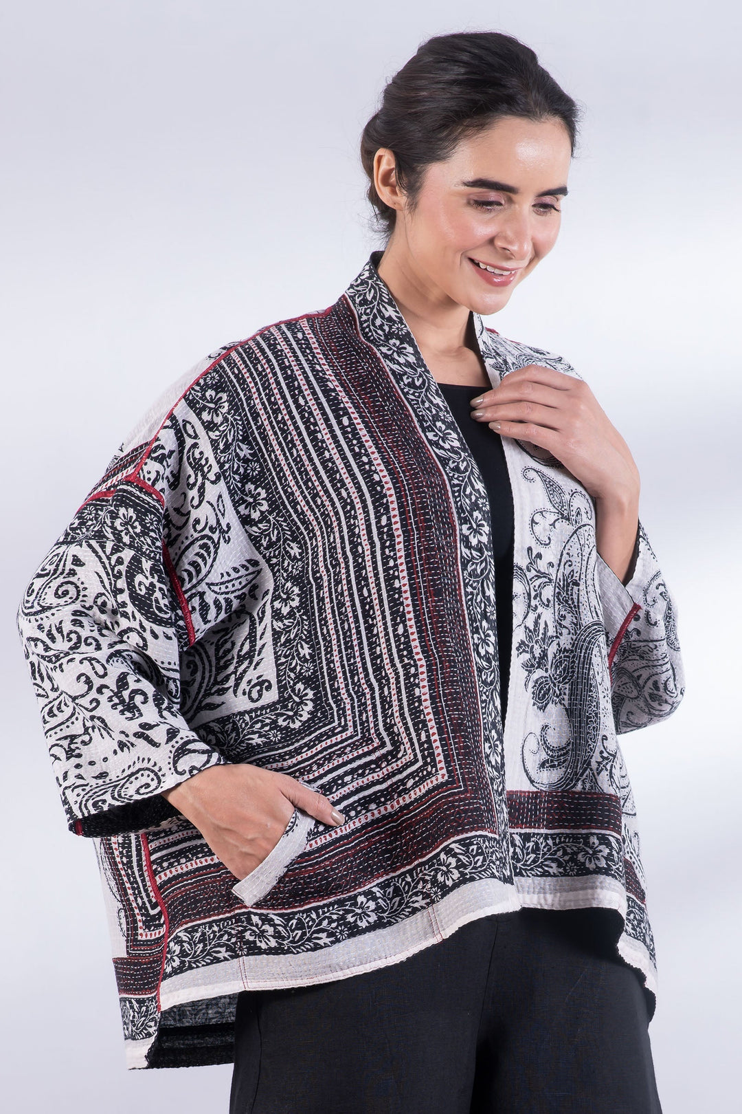 COTTON PAISLEY KANTHA MINI KIMONO JKT - cp2055-wht -