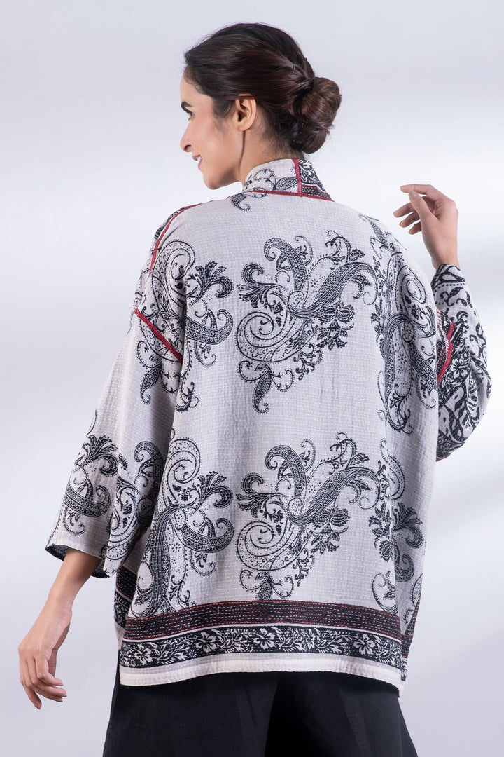 COTTON PAISLEY KANTHA MINI KIMONO JKT - cp2055-wht -