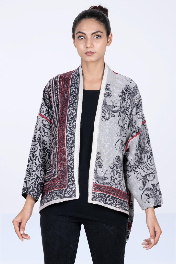 COTTON PAISLEY KANTHA MINI KIMONO JKT - cp2055-wht -