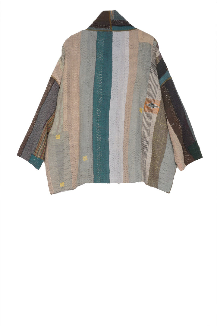 COTTON STRIPE PATCH KANTHA BIG POCKET JACKET - cs4057-grn -