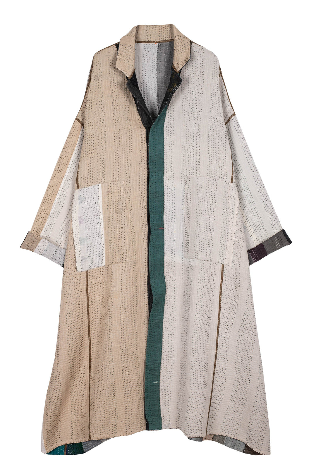 COTTON STRIPE PATCH KANTHA OVERSIZED COAT - cs4326-grn -