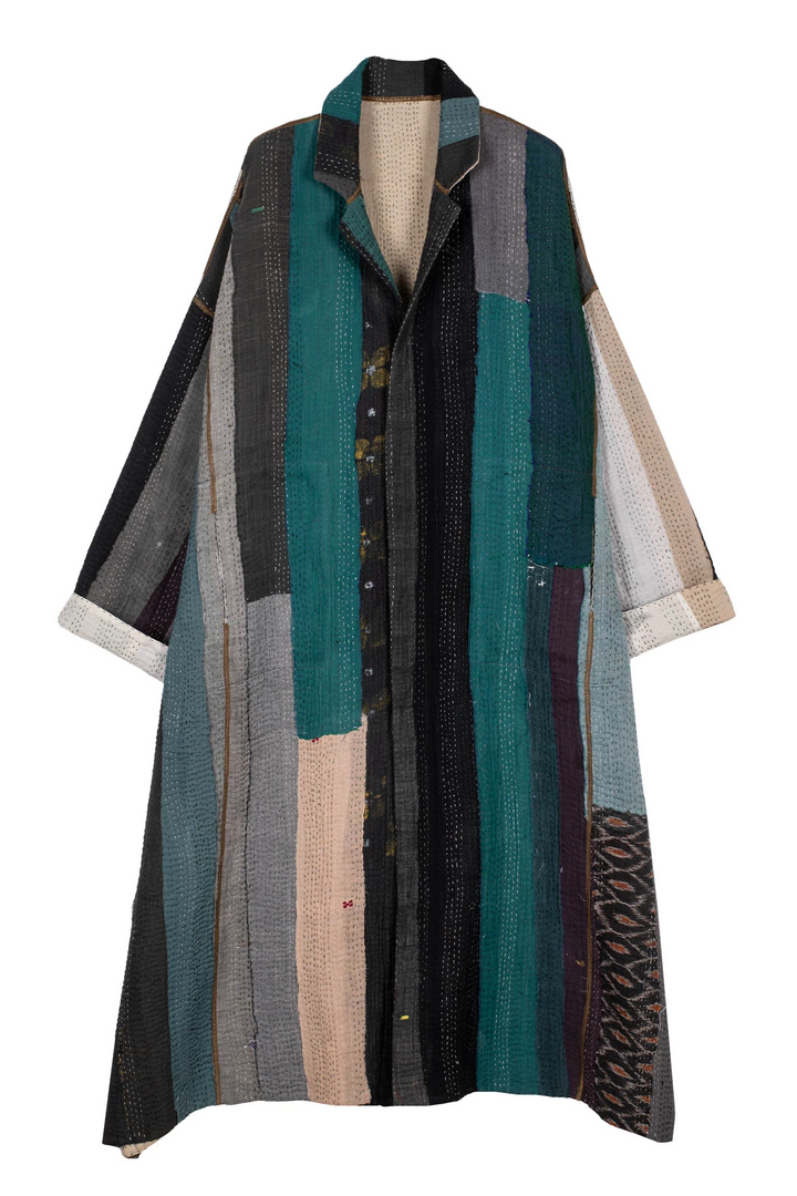 COTTON STRIPE PATCH KANTHA OVERSIZED COAT - cs4326-grn -