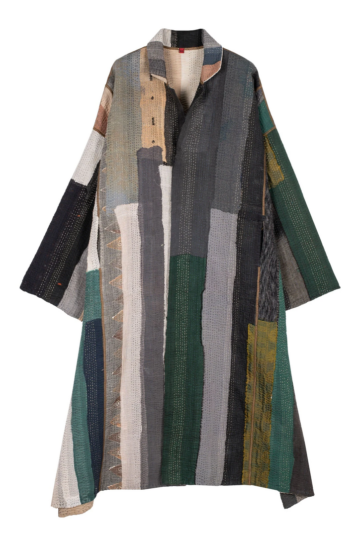 COTTON STRIPE PATCH KANTHA OVERSIZED COAT - cs4326-grn -