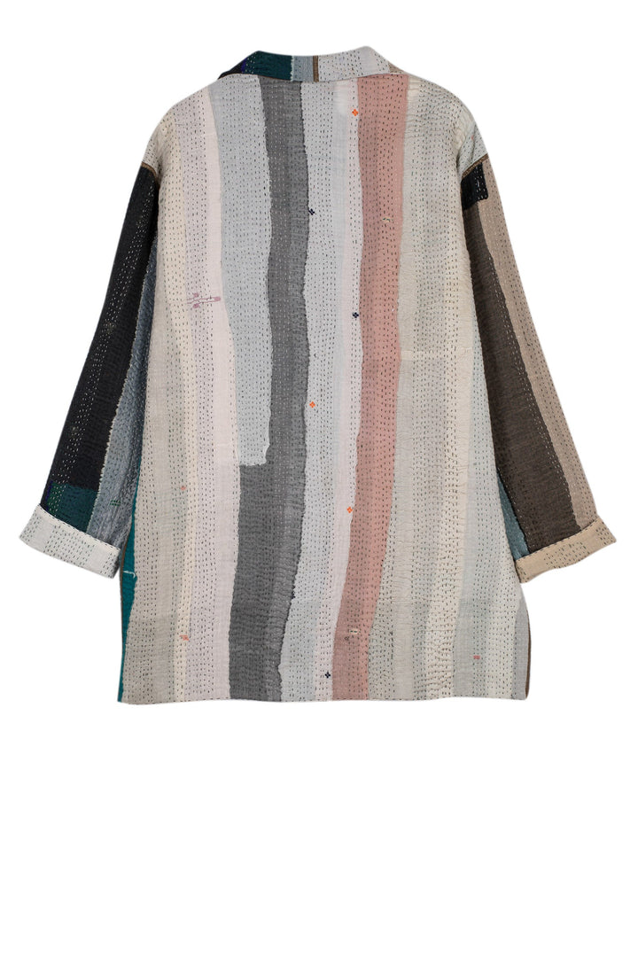 COTTON STRIPE PATCH KANTHA OVERSIZED MINI COAT - cs4332-grn -