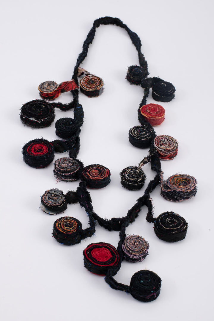 VINTAGE COTTON KANTHA EDDY LONG NECKLACE - cv2716-blk -