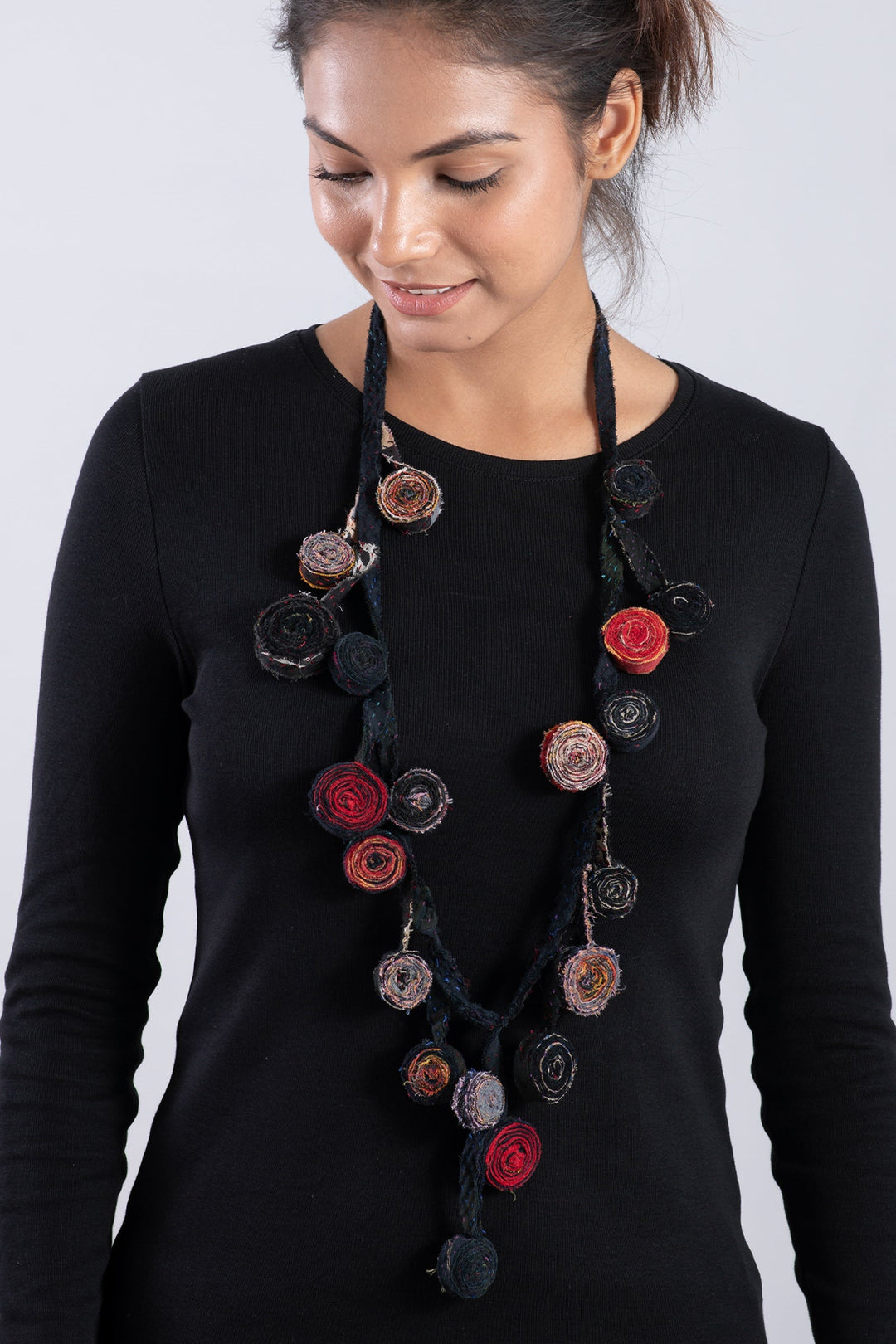 VINTAGE COTTON KANTHA EDDY LONG NECKLACE - cv2716-blk -