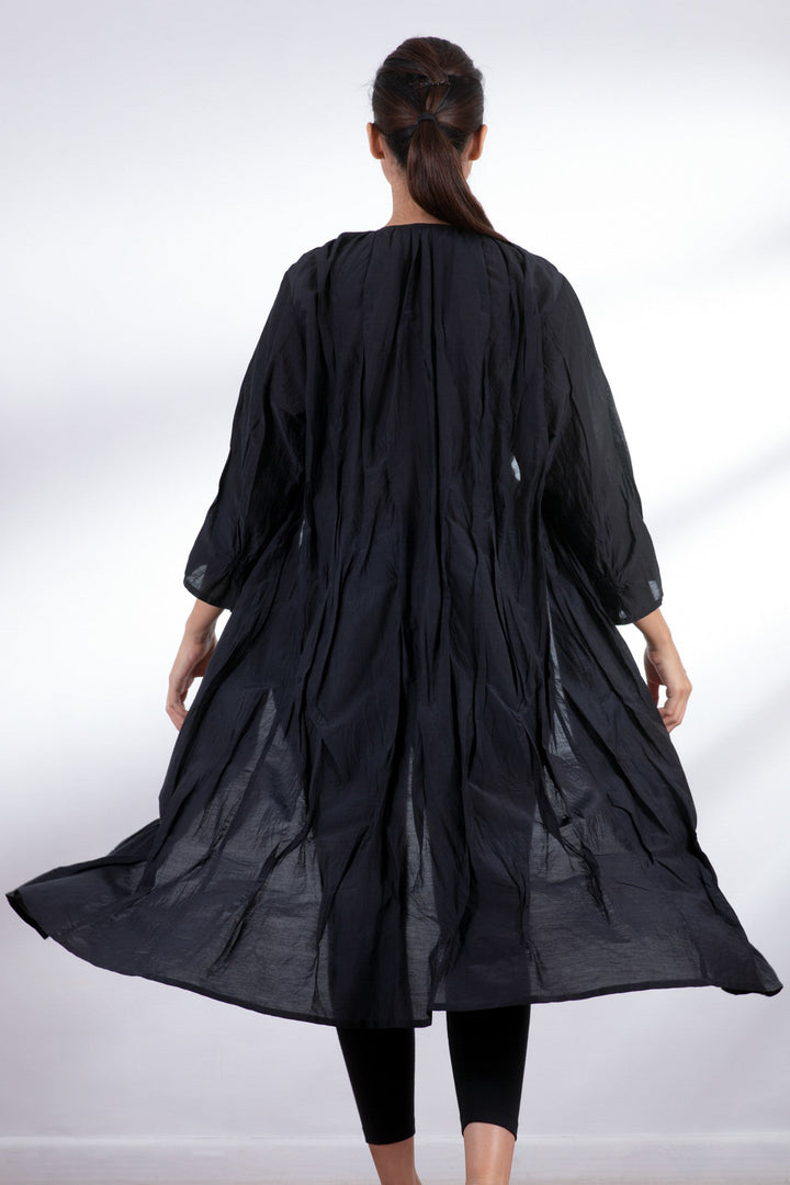 DYED COTTON SILK VOILE WAVY TUCK CROPPED SLV. DRESS - dc1434-blk -