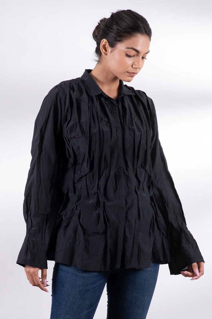 DYED COTTON SILK VOILE WAVY TUCKED SHIRT - dc1541-blk -