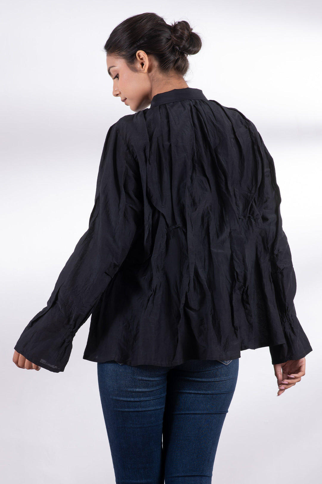 DYED COTTON SILK VOILE WAVY TUCKED SHIRT - dc1541-blk -