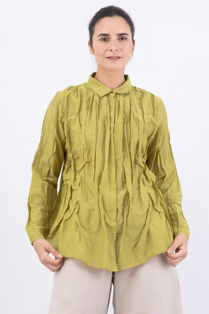 DYED COTTON SILK VOILE WAVY TUCKED SHIRT - dc1541-cha -