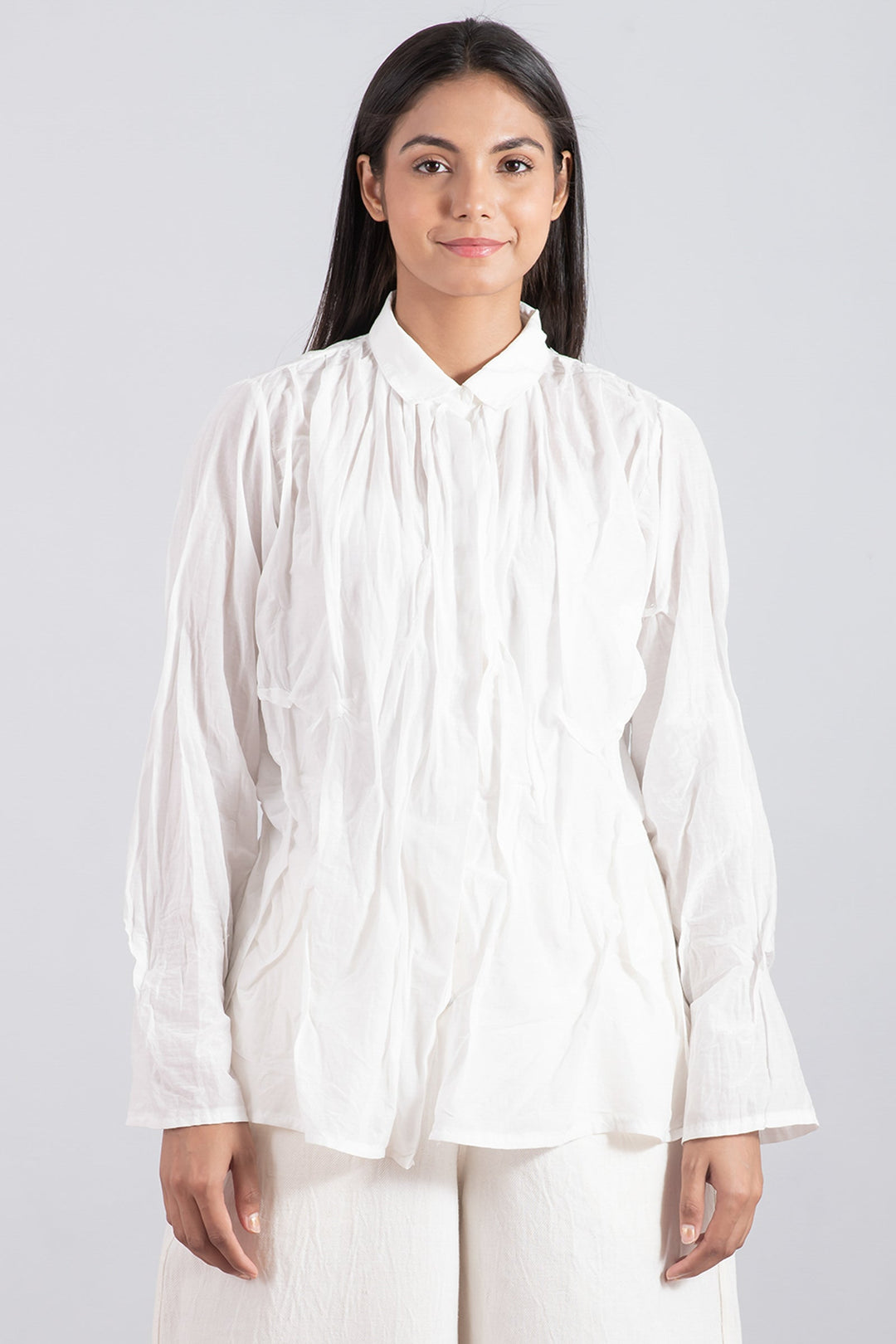 DYED COTTON SILK VOILE WAVY TUCKED SHIRT - dc1541-wht -