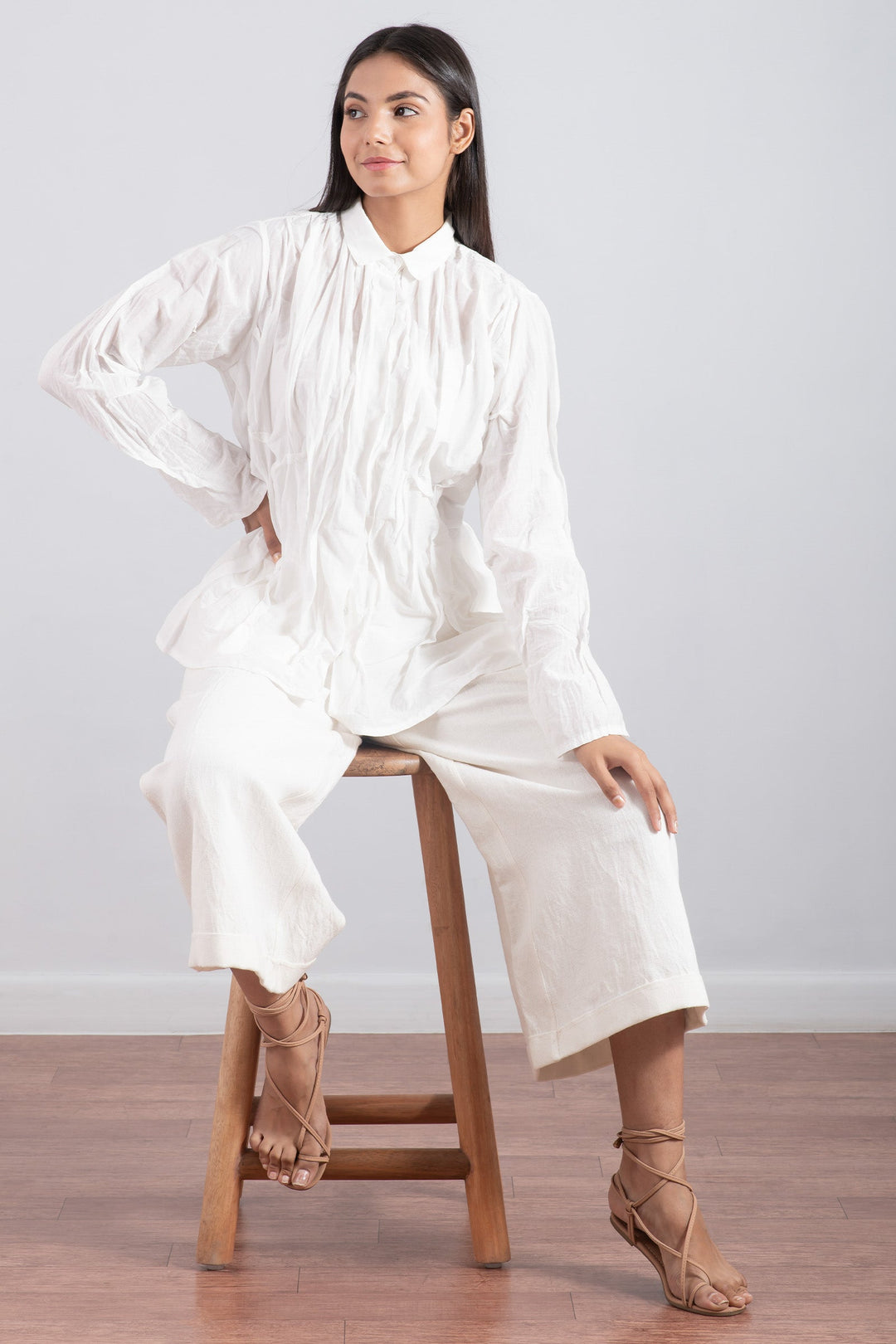 DYED COTTON SILK VOILE WAVY TUCKED SHIRT - dc1541-wht -
