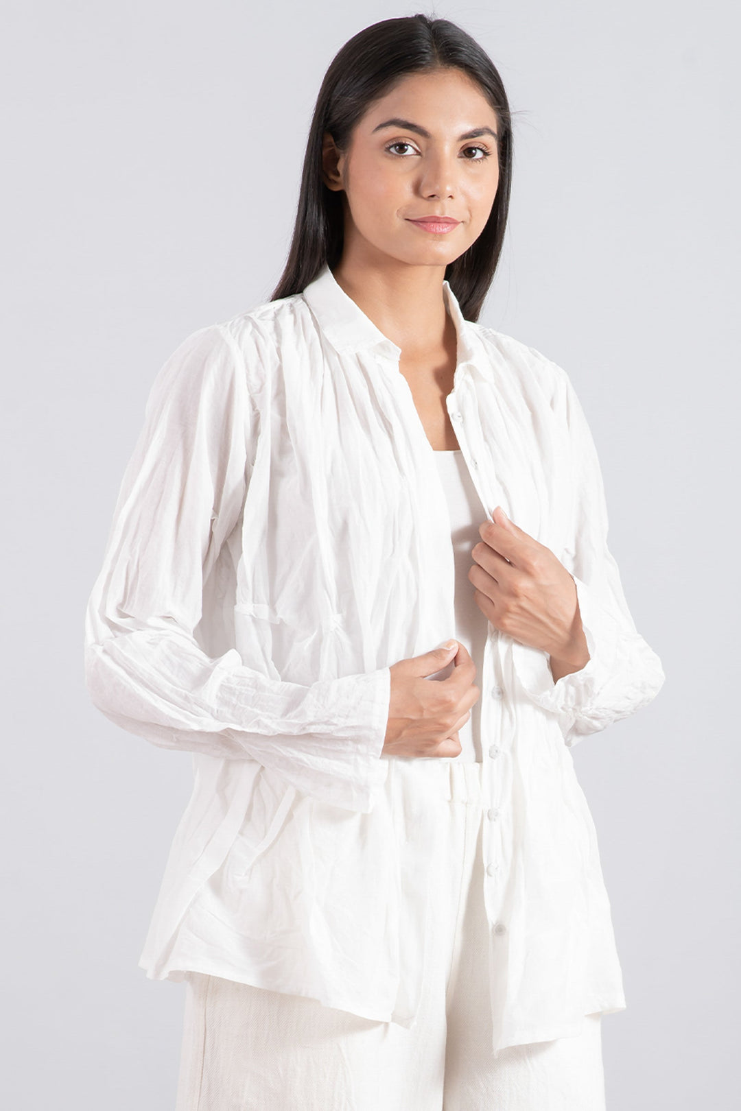 DYED COTTON SILK VOILE WAVY TUCKED SHIRT - dc1541-wht -