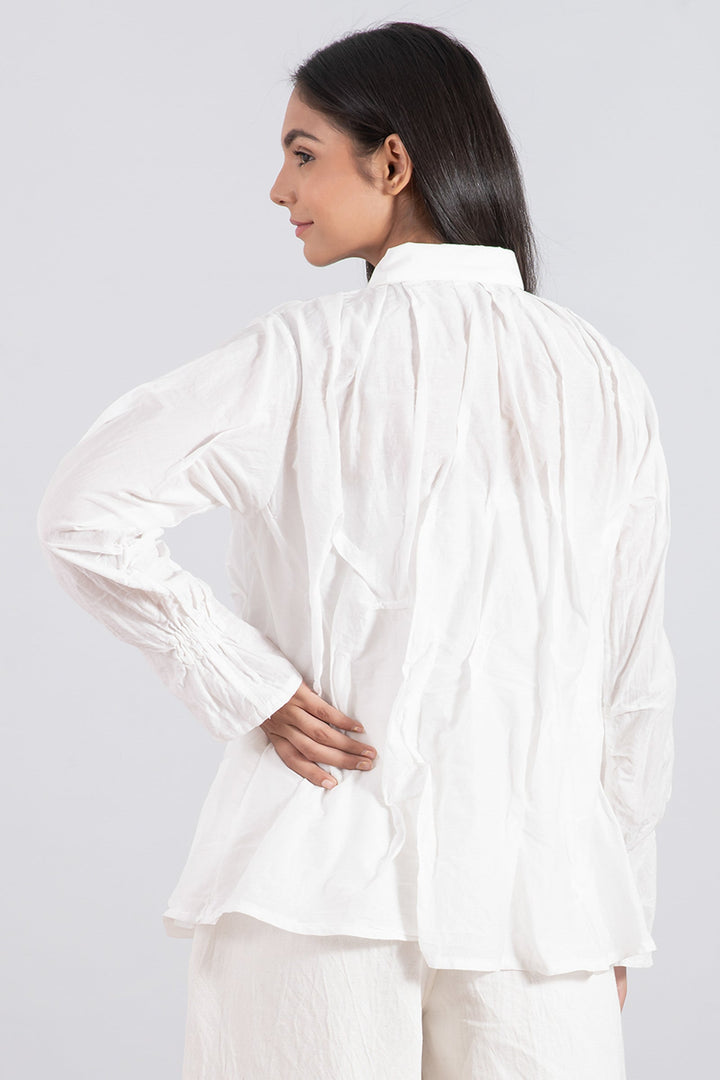 DYED COTTON SILK VOILE WAVY TUCKED SHIRT - dc1541-wht -