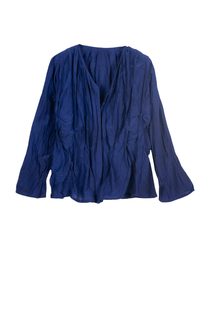 DYED COTTON SILK VOILE WAVY V-NECK TUCKED BLOUSE - dc1542-blu -