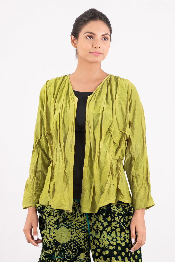 DYED COTTON SILK VOILE WAVY V-NECK TUCKED BLOUSE - dc1542-cha -
