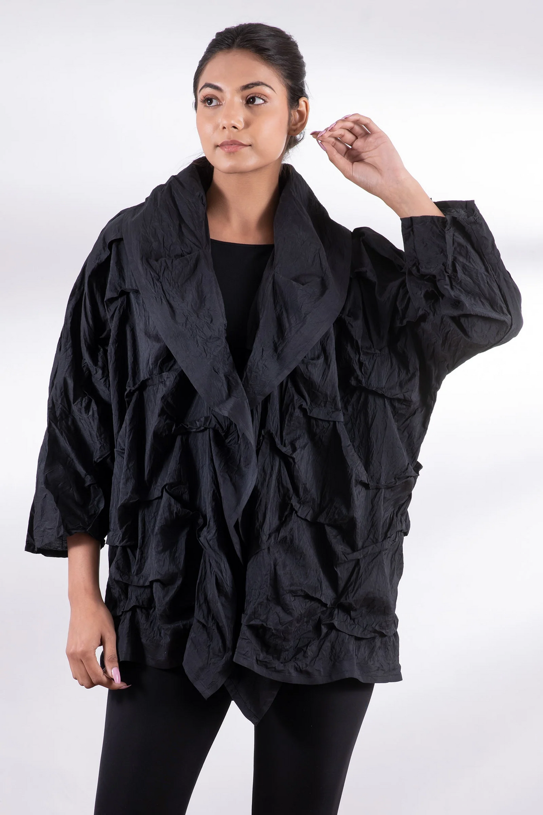 DYED COTTON SILK HEAVY VOILE WAVY TUCK COCOON JACKET - dh1063-blk -