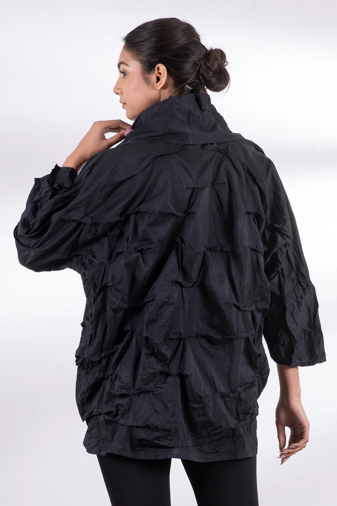 DYED COTTON SILK HEAVY VOILE WAVY TUCK COCOON JACKET - dh1063-blk -