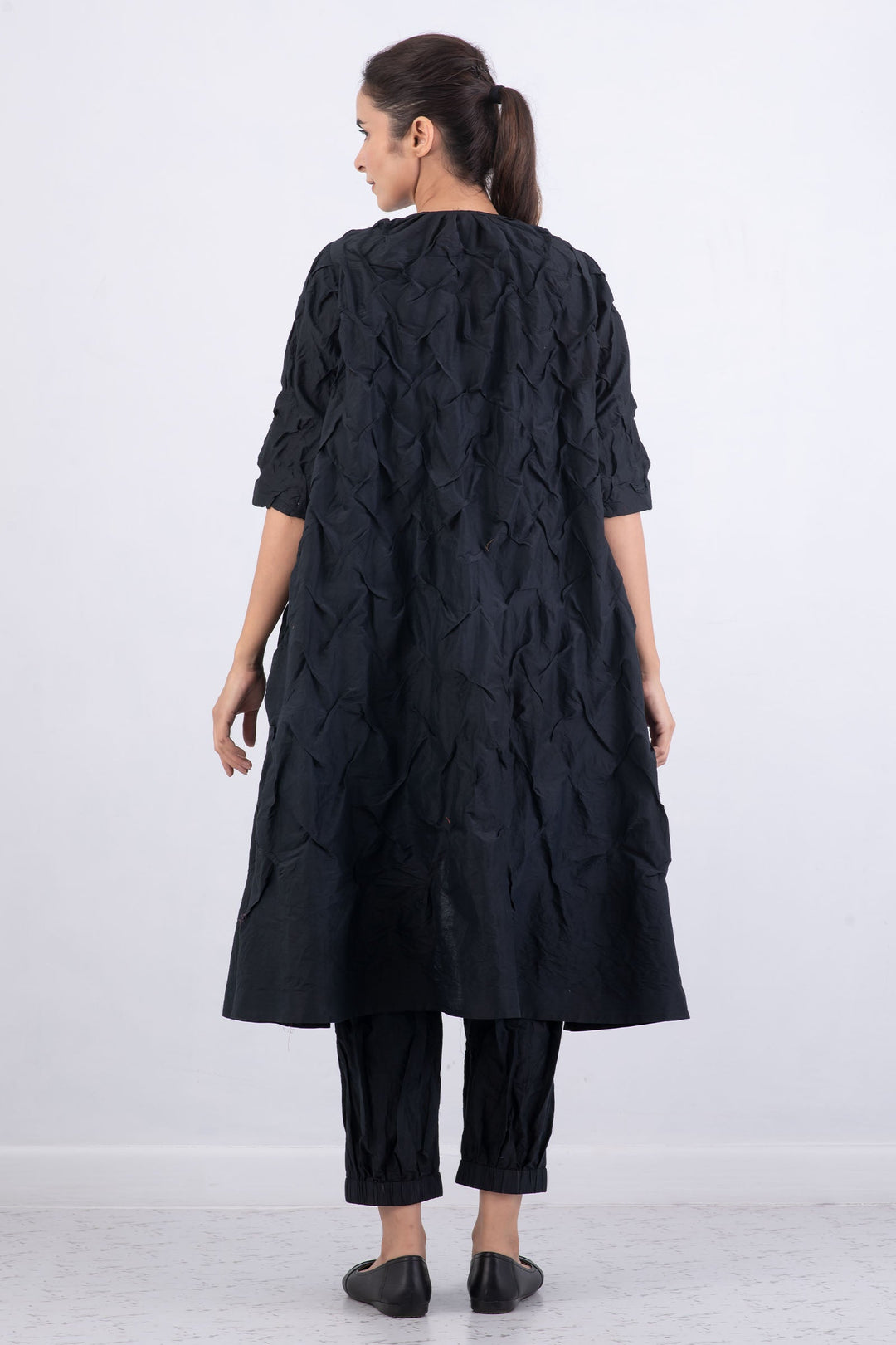 DYED COTTON SILK HEAVY VOILE WAVY TUCK A-LINE DRESS - dh1453-blk -