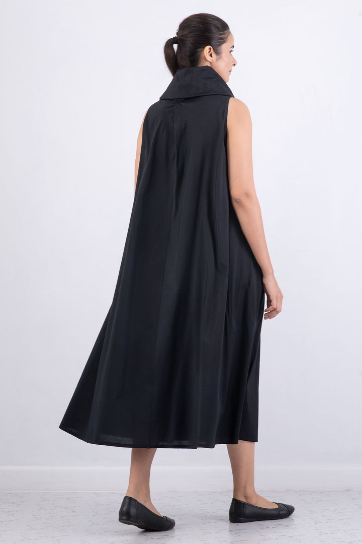 DYED COTTON SILK HEAVY VOILE WAVY COWL NECK MAXI DRESS - dh1438-blk -